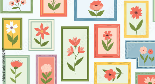 A seamless and colorful background pattern of a gallery wall with various framed pictures of beautiful botanical flower art.