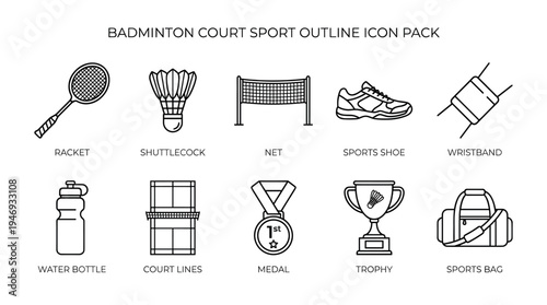Collection of clean outline icons representing badminton equipment and elements for sports and recreation themes.