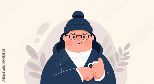 A cheerful person in a beanie and coat holds a white mug, with soft leaf patterns in the background