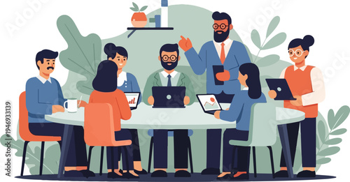 Diverse team collaborating around a table with laptops and tablets, discussing ideas