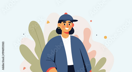Cheerful person in cap and jacket stands amidst abstract plant forms