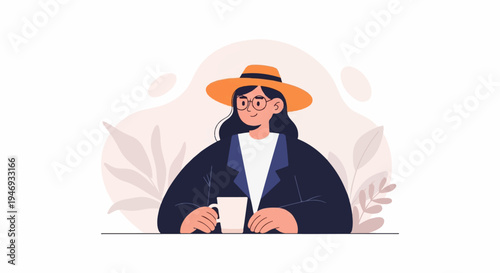 Woman in hat with glasses and coffee cup, sitting at a table