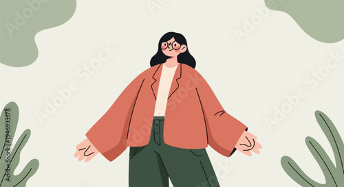 A stylized person in a coral jacket and green pants with glasses and dark hair
