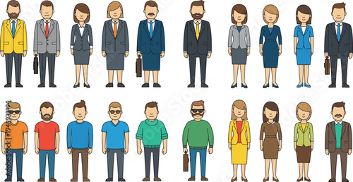Flat vector illustration set of diverse men and women characters wearing professional business suits and casual everyday clothing isolated on white background,