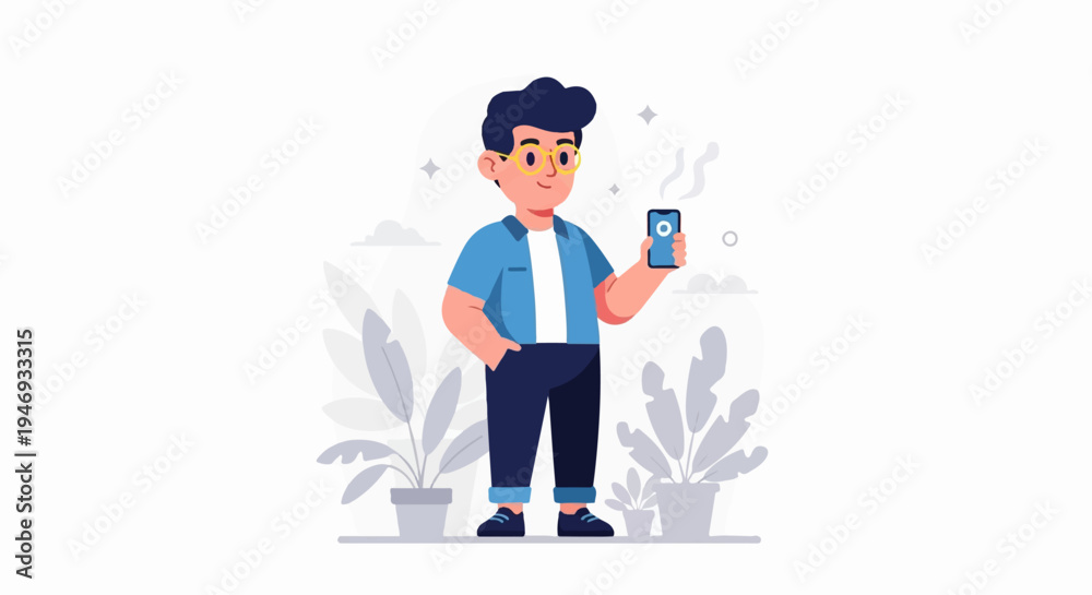 Obraz premium Casual guy in blue shirt holding a smartphone with plants behind
