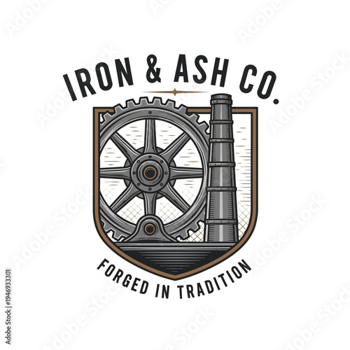 Industrial Gear and Chimney Logo with Forged in Tradition Text