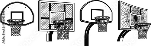 Vector illustration of basketball backboards and hoops in different styles, symbolizing sports, recreation, playground, competition, lifestyle, athletic culture, training, and creative design