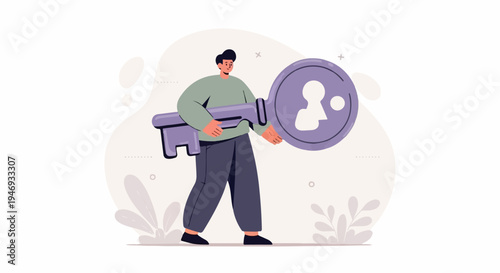 Person holding a large key with a profile icon and abstract shapes