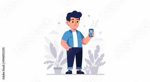 Casual guy in blue shirt holding a smartphone with plants behind