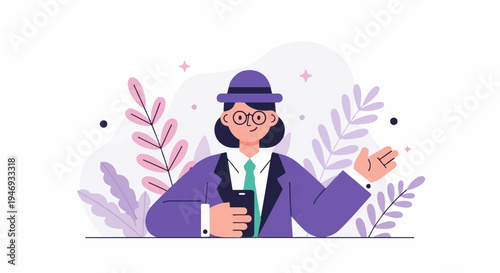 Business woman in purple suit and hat, holding phone, gesturing, surrounded by abstract plants