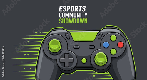 Esports Community Showdown Design Featuring Gaming Controller and Dynamic Green Accents