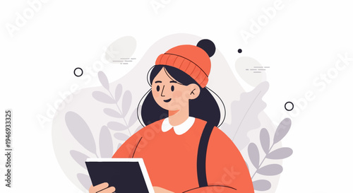 Cartoon illustration of a person in an orange hat and sweater holding a tablet