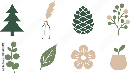 Nordic nature-inspired botanical elements with spruce tree pampas grass pinecone eucalyptus stem wood-cut flower ceramic sprout in moss green pine soft beige for Scandinavian botanical design