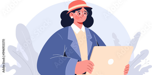 A stylish woman in a hat and glasses, wearing a jacket, looks at her laptop