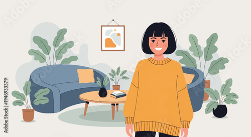 Cheerful person in a cozy living room with plants and abstract art