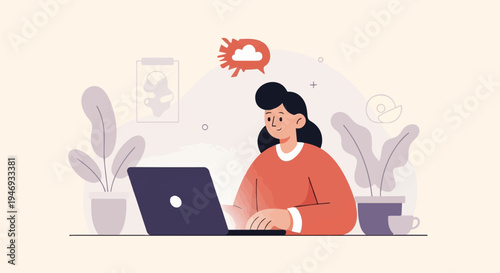 Person at desk working on a laptop, with plants, a cup, and thought bubble