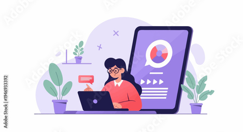 A person works on a laptop with a tablet displaying a chart and playing icons