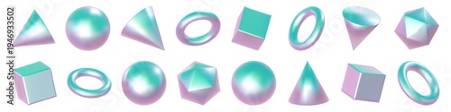 Holographic 3d elements in white rectangular shape. Pink pyramid y2k and solid math hexagon. Triangle figure object, multicolor blue green pink. Iridescent metal icon sticker. Pastel cube and sphere