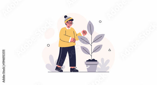Person tending to a potted plant with soft, abstract shapes in background
