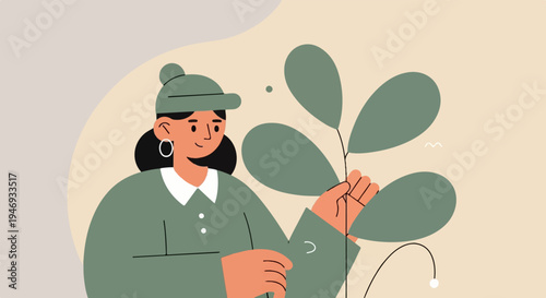 Minimalist illustration of a person in a hat holding a green plant