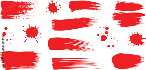 Set of red grunge brush strokes and ink splatters on white background for design elements.