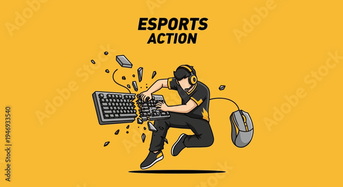 Esports Gamer Frustration: Keyboard Destruction Depicting Intense Competitive Gaming