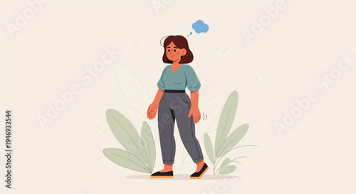 Stylized woman in casual attire stands thoughtfully amidst abstract foliage