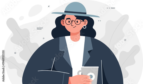 Stylish person with hat and glasses holding a coffee mug amidst abstract foliage