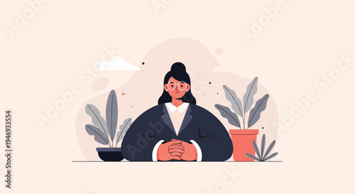 Professional woman with plants and abstract shapes