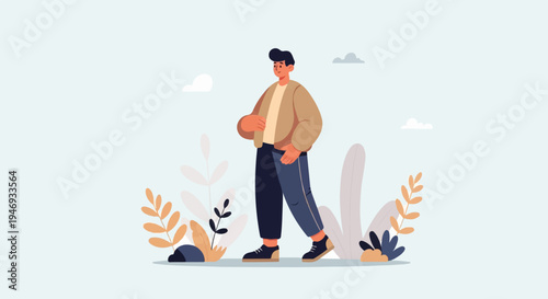 A young person in casual attire walks through a minimalist outdoor scene with stylized plants