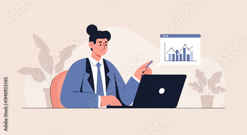 A person in a suit points to a laptop displaying financial charts, with plants nearby