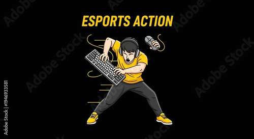 Esports Gamer in Energetic Pose with Gaming Keyboard and Mouse Illustration