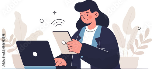 A person in a dark jacket works on a laptop and tablet, surrounded by plants