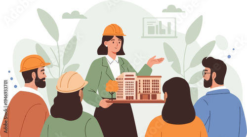 Diverse team reviewing a building model in a modern workspace