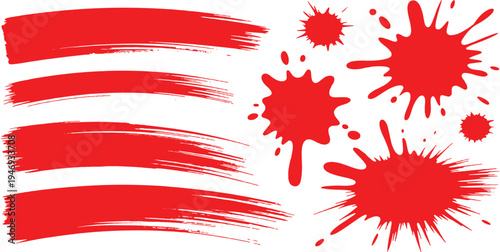 Set of red grunge brush strokes and ink splatters on white background for design elements.
