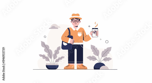 A man in a hat and glasses with a coffee cup and bag stands near plants
