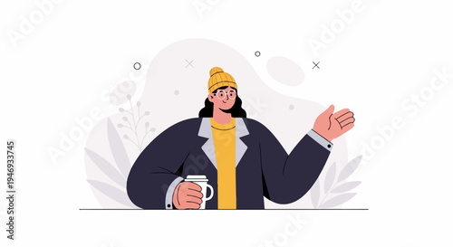 Flat illustration of a person in a yellow beanie and jacket holding a mug