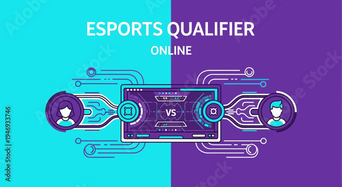 Esports Online Qualifier Competition Featuring Gamer Avatar Displays And Futuristic Graphics