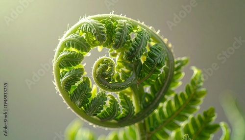 A close-up view of a curled green fern leaf in a natural environment.