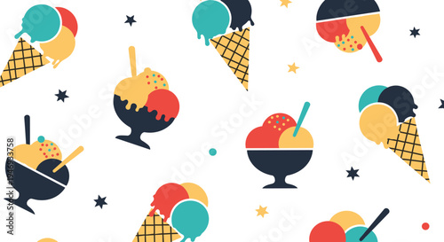 A fun and festive seamless pattern of colorful ice cream scoops in cones and bowls with stars on a white background.