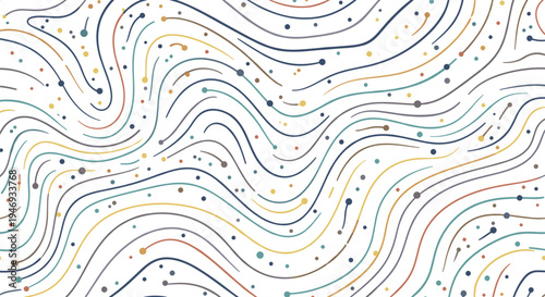 An abstract seamless pattern of colorful wavy lines and scattered dots creating a sense of organic movement and flow.