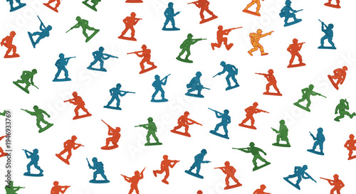 A seamless background pattern of classic colorful toy soldiers in various action poses scattered on a clean white backdrop.