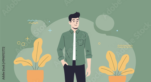Cartoon man in a green shirt and black pants, with plants and abstract shapes