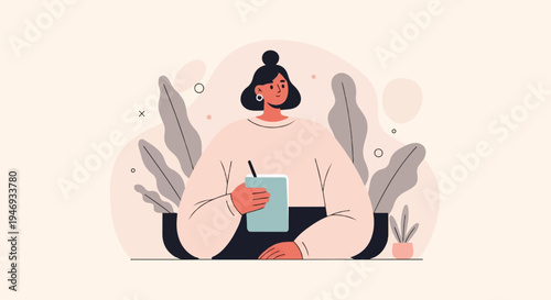 A woman with a bun, wearing oversized sweater, holds a notebook and pen, surrounded by plants