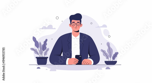 Stylized man in a suit and glasses holding a smartphone with plants nearby