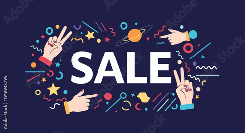 A vibrant and dynamic sale banner with abstract shapes planets and hands making celebratory gestures on a dark blue background.