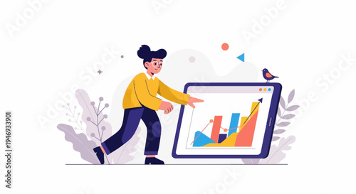 Person pointing at tablet screen with upward trending bar chart and arrow, abstract shapes, bird