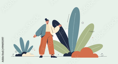 Stylized illustration of a person interacting with abstract plant forms in a minimalist outdoor scene