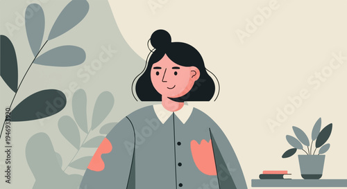 A stylized illustration of a person with dark hair, wearing a grey garment, surrounded by abstract plant shapes