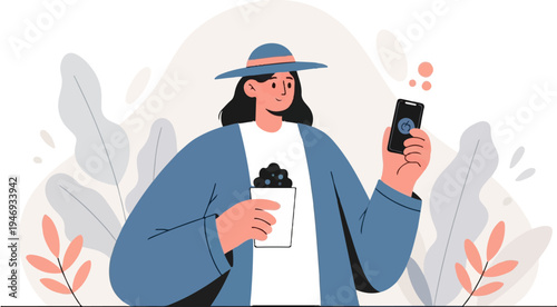 A person in a hat holding a cup and phone with a leaf pattern background